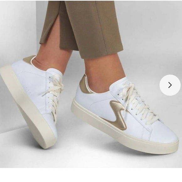 Skechers White and Gold Leather Sneakers - Picture 1 of 7